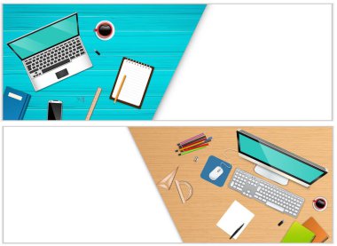Üstten Görünüm işyeri ofis dizüstü bilgisayar ve ofis donanımları ile yatay Banner
