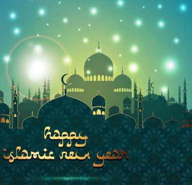 Happy islamic new year with silhouette mosque clipart