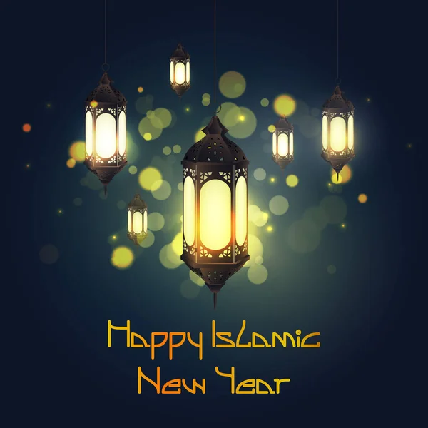 Un nou an Hijri fericit cu lanternă agățată pe fundalul bokeh — Vector de stoc