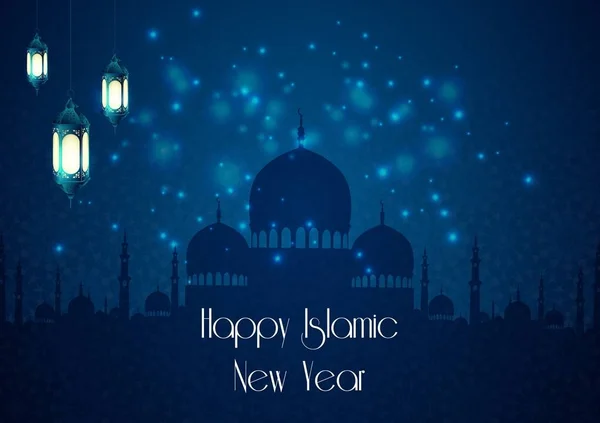 Happy islamic new year with silhouette Mosque and lantern - Stok Vektor