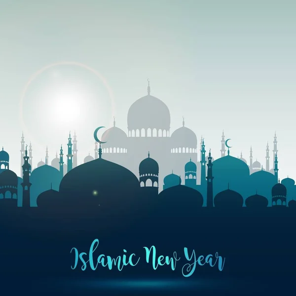 สุขสันต์วันปีใหม่อิสลามกับมัสยิดซิลูเอท — ภาพเวกเตอร์สต็อก