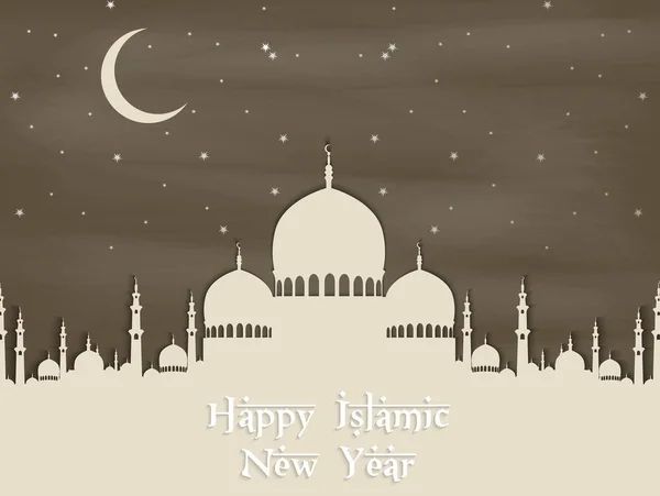 Feliz año nuevo islámico con mezquita silueta y luna — Vector de stock