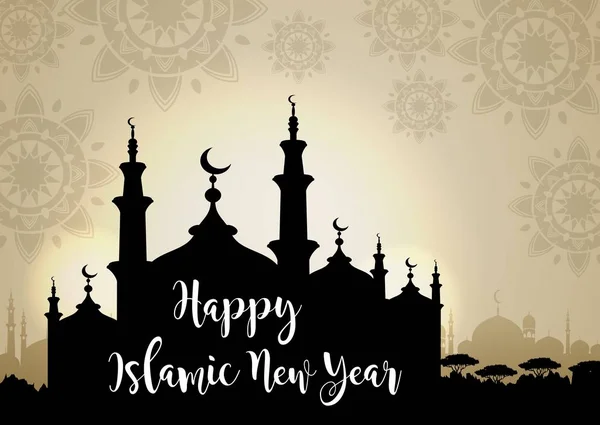 Happy islamic new year with silhouette Mosque on glowing background - Stok Vektor