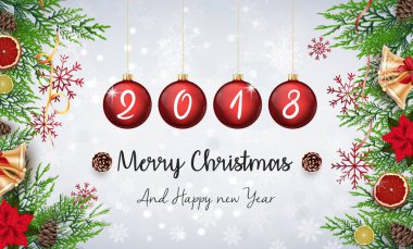Mutlu Noeller ve mutlu yeni yıl 2018 kırmızı Noel topları ve FIR dalları ile