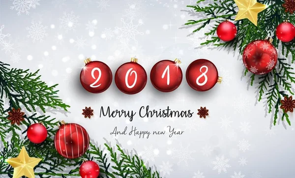 Wesołych Świąt i szczęśliwego nowego roku 2018 z czerwone bombki i gałęzie jodły — Wektor stockowy