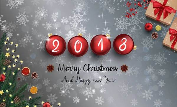 Wesołych Świąt i szczęśliwego nowego roku 2018 płatki śniegu i czerwone bombki — Wektor stockowy