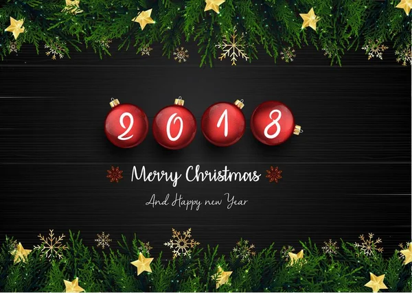 Wesołych Świąt i szczęśliwego nowego roku 2018 z gałęzi jodły i czerwone bombki — Wektor stockowy