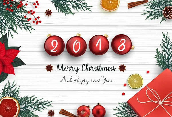 Wesołych Świąt i szczęśliwego nowego roku 2018 świątecznych dekoracji i czerwone bombki — Wektor stockowy