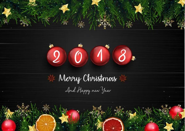 Wesołych Świąt i szczęśliwego nowego roku 2018 czerwone Bombki choinkowe i świąteczne dekoracje na tle drewna — Wektor stockowy