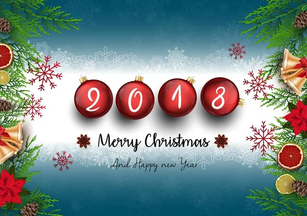2018 Wesołych Świąt i szczęśliwego nowego roku z gałęzi jodły i czerwone bombki — Wektor stockowy