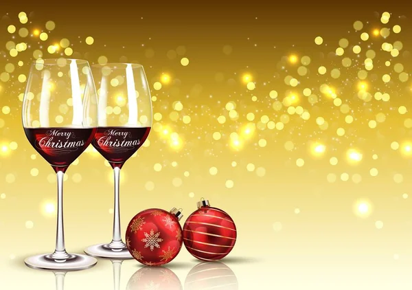 Copa de vino de Navidad con bola de Navidad sobre fondo bokeh luz — Vector de stock