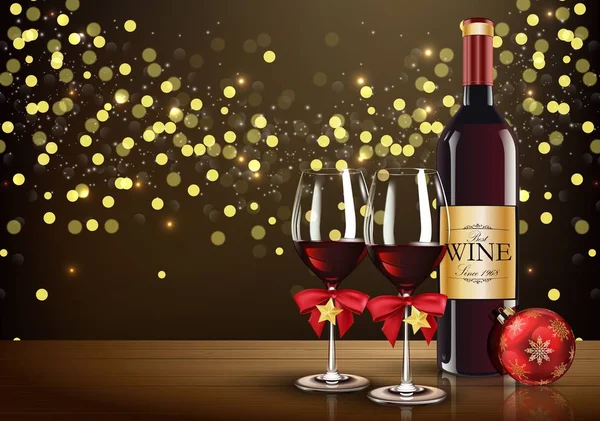 Copa de vino tinto con botella de vino y bola de Navidad sobre fondo bokeh luz — Vector de stock