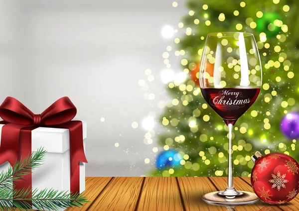 Copa de vino de Navidad con cajas de regalo y bola de Navidad sobre fondo bokeh luz — Vector de stock