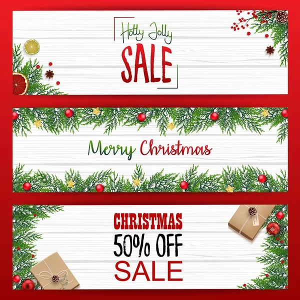 Conjunto de banners de Natal venda com ramos de abeto e bolas de Natal vermelho — Vetor de Stock