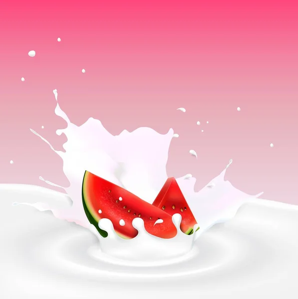 Mjölk splash med vattenmelon skiva — Stock vektor