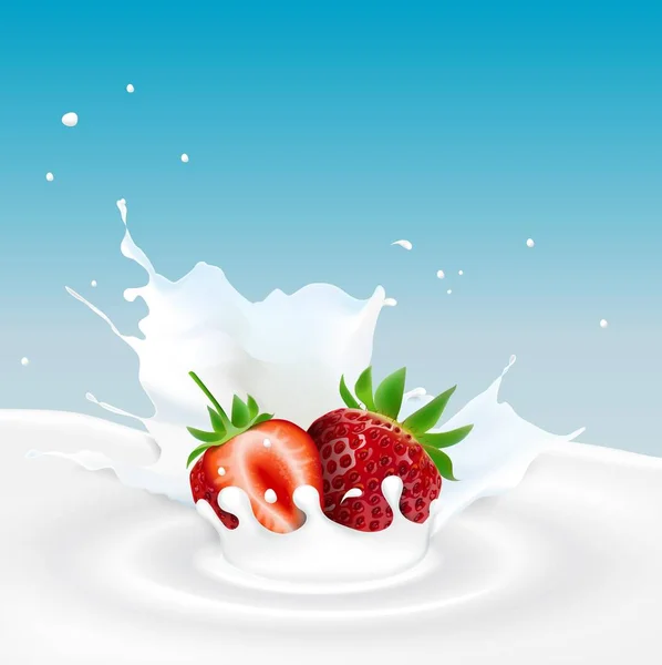Splash mleka z truskawkami — Wektor stockowy