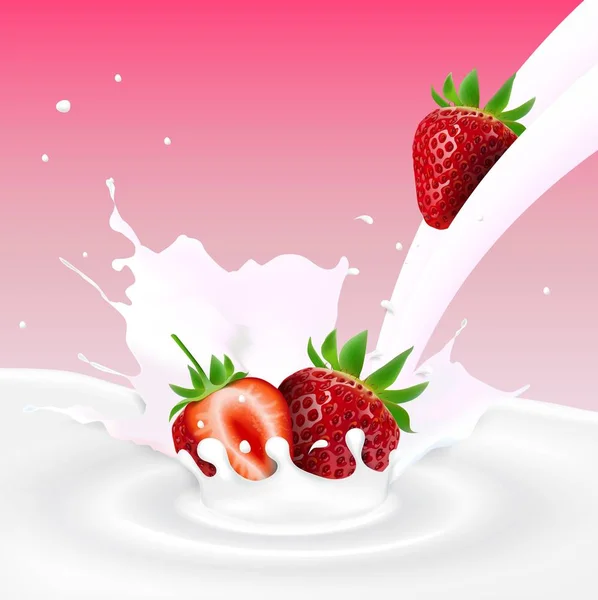 Flowing milk splash with strawberries fruits — Stock Vector