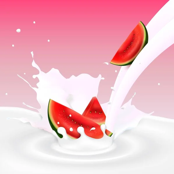 Fließendes Milchbad mit Wassermelonenfrüchten — Stockvektor