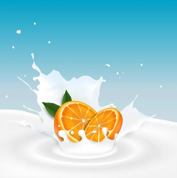 Milk splash with orange fruit — Stock Vector