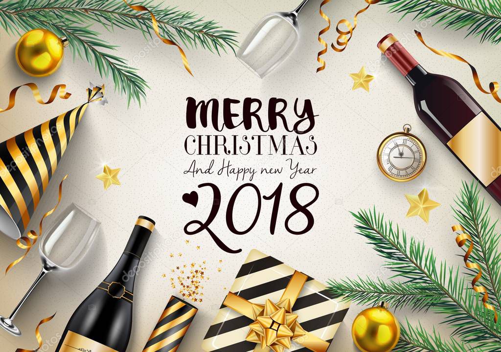 Vector illustration of Merry christmas and happy new year 2018 card with fir branches and elements