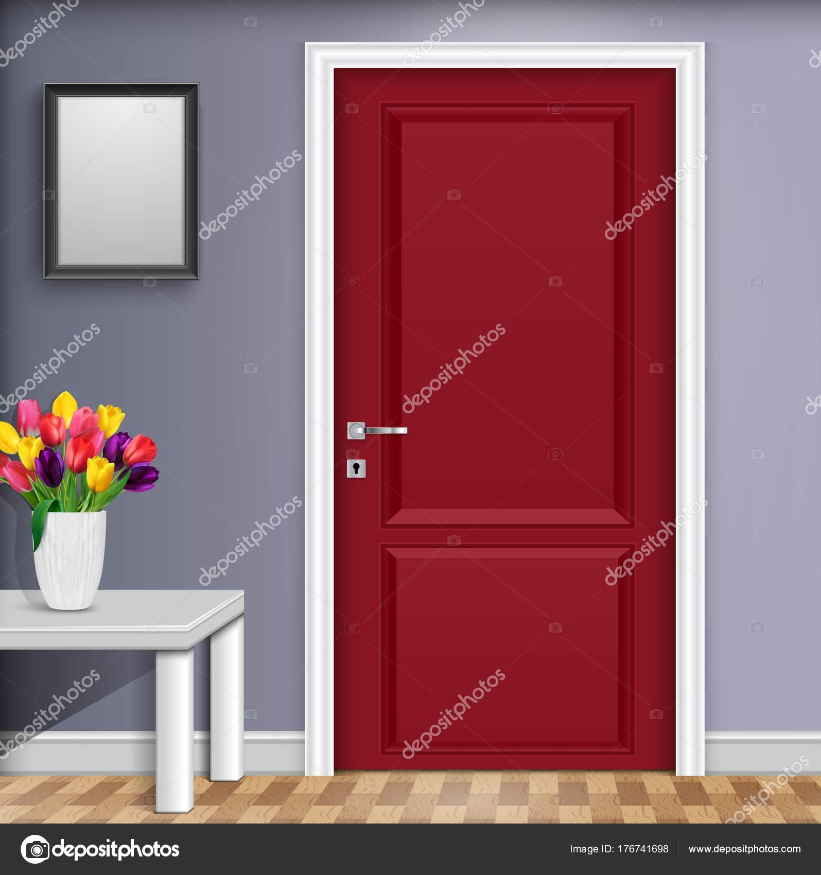Vector Illustration Closed Red Door Vase Flowers White Table