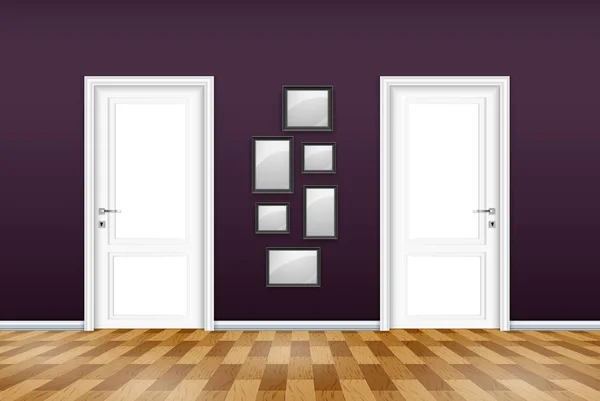Векторная Иллюстрация Интерьера Гостиной Закрытой Дверью Пустыми Рамками Фиолетовой Стене — стоковый вектор