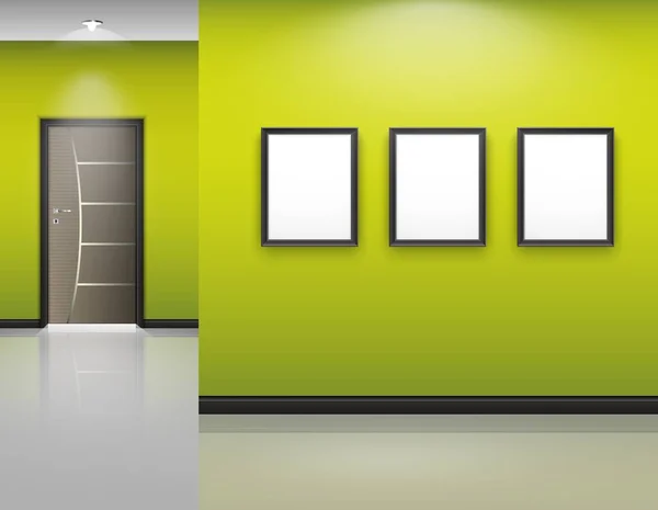 Vectorillustratie Van Woonkamer Interieur Met Frames Gesloten Deur Groene Muur — Stockvector