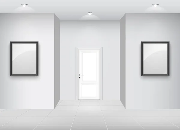 Illustration Vectorielle Galerie Intérieur Avec Cadre Vide Sur Mur Lumières — Image vectorielle