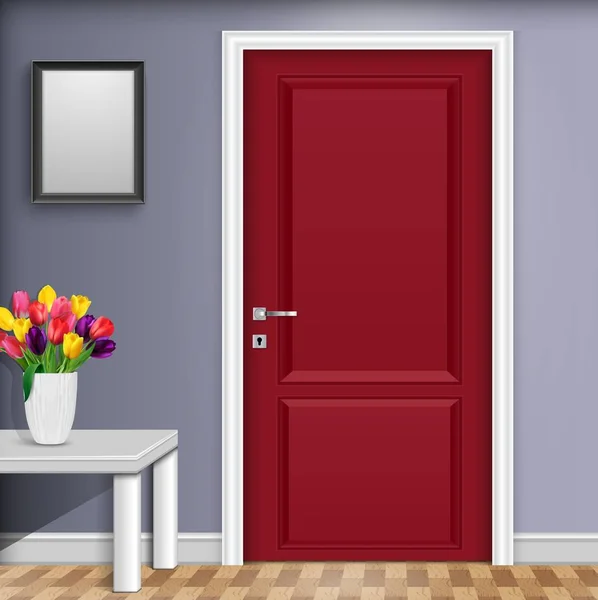 Illustration Vectorielle Porte Rouge Fermée Avec Vase Fleurs Sur Table — Image vectorielle