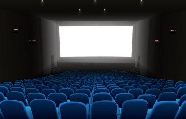 Sinema Konferans Salonu mavi koltuklar ve beyaz boş ekran vektör çizim