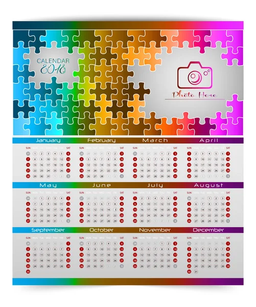 Vektorové Ilustrace Kalendář Roku 2018 Barevné Dílky Místo Pro Fotografii — Stockový vektor