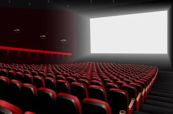 Ilustración Vectorial Del Auditorio Cine Con Asientos Rojos Pantalla Blanca — Vector de stock