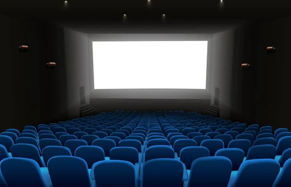 Vectorillustratie Van Cinema Auditorium Met Blauwe Stoelen Witte Leeg Scherm — Stockvector