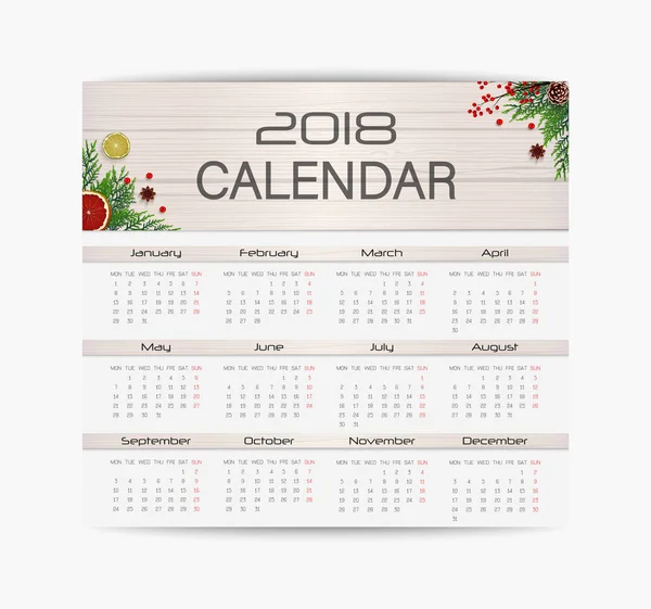 Vektorové Ilustrace Šablony Návrhu Kalendáře Pro Rok 2018 Týden Začíná — Stockový vektor