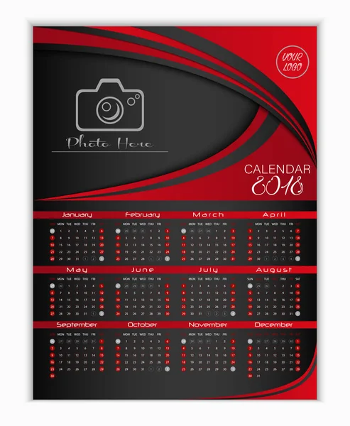 Vektorové Ilustrace Kalendáře Pro 2018 Červené Pozadí Šablona Návrhu Místem — Stockový vektor