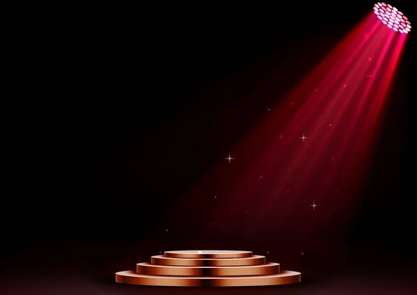丸い赤い表彰台と暗い背景にスポット ライトのベクトル イラスト — ストックベクタ