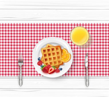 Kahvaltı menüsü waffle ve ahşap masa üzerinde portakal suyu ile vektör çizim