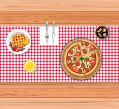 Yemek menüsü ile pizza ve gözleme ahşap masa üzerinde vektör çizim