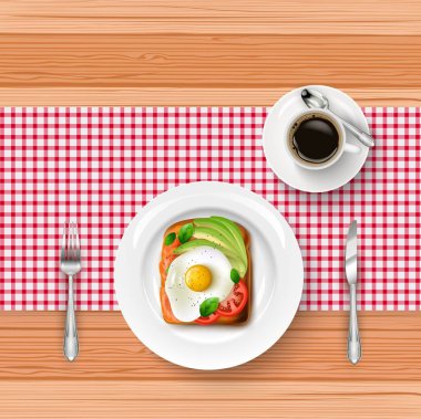 Kahvaltı menüsü kızarmış yumurta, tost ve ahşap masa üzerinde siyah kahve ile vektör çizim