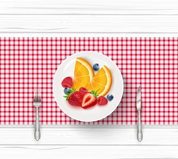 Ilustración Vectorial Ensalada Frutas Frescas Platillo Blanco Con Tenedor Cuchillo — Archivo Imágenes Vectoriales