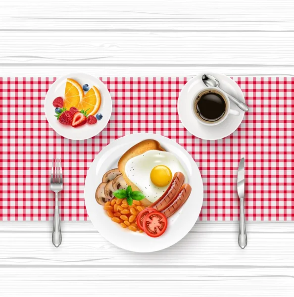 Ilustración Vectorial Del Menú Desayuno Con Huevo Frito Frutas Taza — Vector de stock