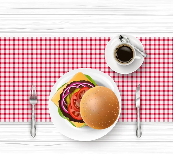 Illustrazione Vettoriale Hamburger Con Stoviglie Tazza Caffè Nero Tavolo Legno — Vettoriale Stock