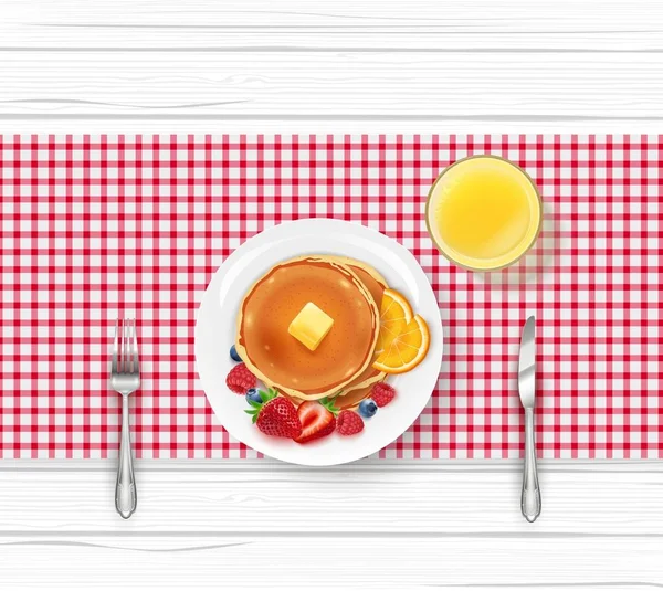 Vektorillustration Des Frühstücksmenüs Mit Pfannkuchen Beeren Und Orangensaft Auf Holztisch — Stockvektor