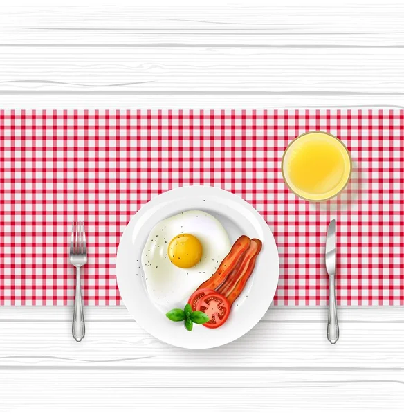 Vector Illustration Breakfast Food Menu Fried Egg Bacon Wooden Table — Stock Vector