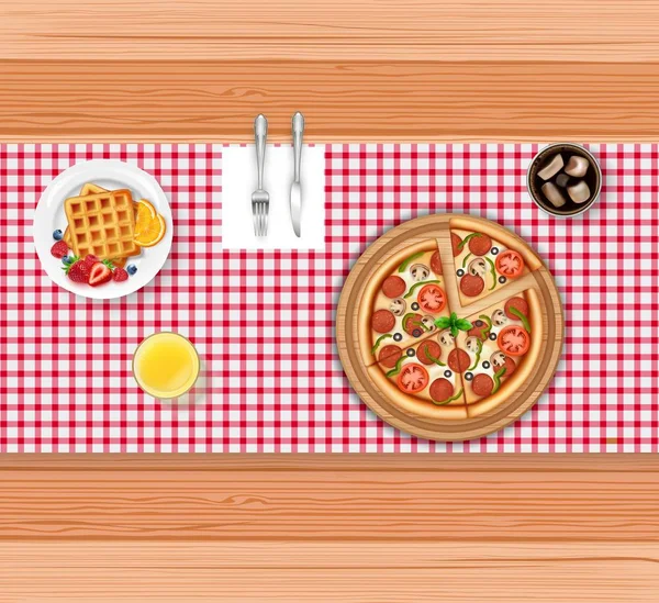 Vectorillustratie Van Voedsel Menu Met Pizza Wafel Houten Tafel — Stockvector