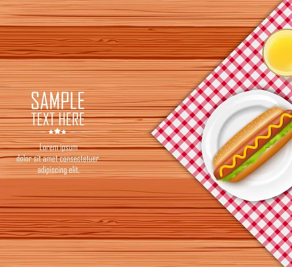 Ilustração Vetorial Fast Food Com Alface Salsicha Mesa Madeira —  Vetores de Stock