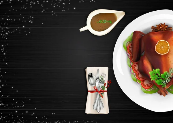 在黑木桌上用勺 叉和刀在白色盘子上烤火鸡鸟的矢量图示 — 图库矢量图片