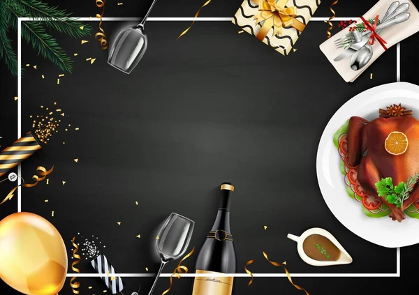 Vector Illustration Festive Dinner Roast Turkey Chalkboard Background — Stock Vector