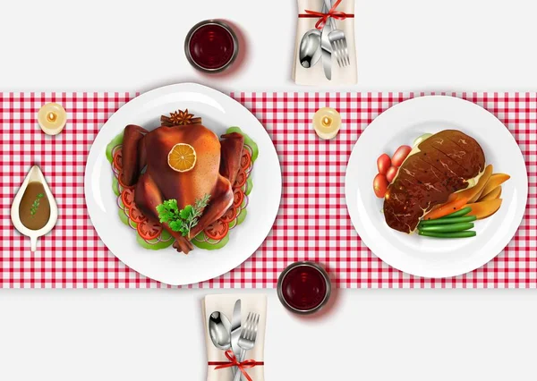 Vektoros Illusztráció Étkező Asztal Nézet Tetején Sült Pulyka Hús Steak — Stock Vector