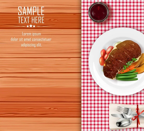Vektoros Illusztráció Fából Készült Asztal Zöldséges Hús Steak — Stock Vector